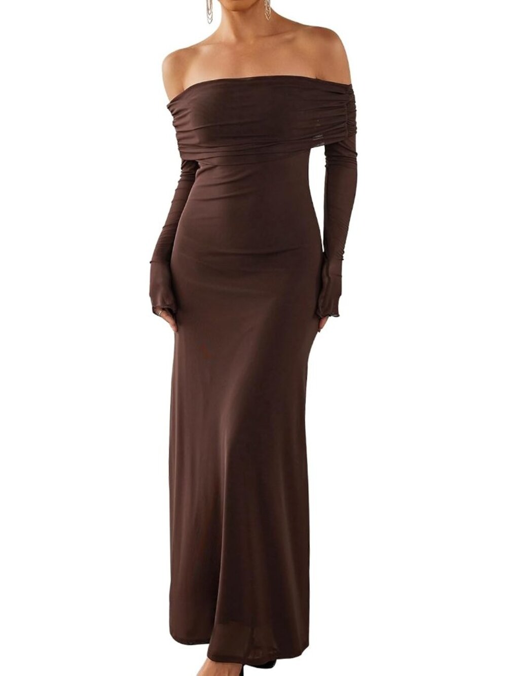 Women's Brown Off Shoulder Long Sleeve Formal Wedding Guest Maxi Party Dresses